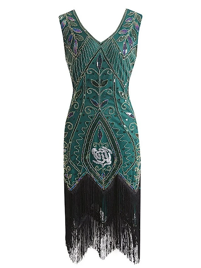Women's Retro 1920s Fringe Dress Midi Dress Party Halloween Sequins Tassel Fringe Leaf V Neck Sleeveless Regular Fit Spring Fall 2023 Black Wine S M L XL 3 Women's Retro 1920s Fringe Dress Midi Dress Party Halloween Sequins Tassel Fringe Leaf V Neck Sleeveless Regular Fit Spring Fall 2023 Black Wine S M L XL - Image 3