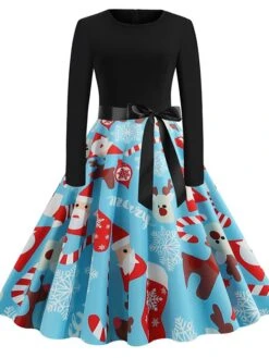 Women's Christmas Swing DressKnee Length Dress Black And White White Light Red Gold Red Long Sleeve Elk Snowman Bell Bow Print Fall Winter Round Neck Vintage Elegant 2022 S M L XL 2XL -Casual Print Dress Sales gzusds1634125865542