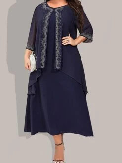 Women's Plus Size Curve Party Dress Two Piece Dress Chiffon Dress Plain Long Dress Maxi Dress 3/4 Length Sleeve Crew Neck Fashion Party Dark Blue Fall Winter L XL XXL 3XL 4XL -Casual Print Dress Sales hahush1696760821290