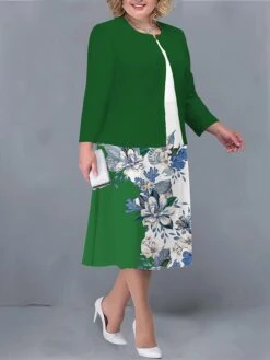 Women's Plus Size Two Piece Dress Set Casual Dress Print Dress Outdoor Office Fashion Streetwear Print Midi Dress Crew Neck Long Sleeve Floral Regular Fit Yellow Light Green Dark Pink Fall Winter L -Casual Print Dress Sales haimce1693374466691