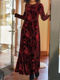 Women's Casual Dress Velvet Dress Winter Dress Floral Pocket Print Crew Neck Long Dress Maxi Dress Fashion Streetwear Outdoor Daily Long Sleeve Loose Fit Yellow Wine Blue Fall Winter S M L XL XXL