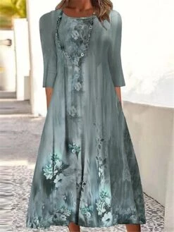 Women's Casual Dress Summer Dress Print Dress Floral Ruched Print Crew Neck Midi Dress Active Fashion Outdoor Daily 3/4 Length Sleeve Regular Fit Dark Green Purple Fuchsia Summer Spring S M L XL XXL -Casual Print Dress Sales hbubsl1690458704086