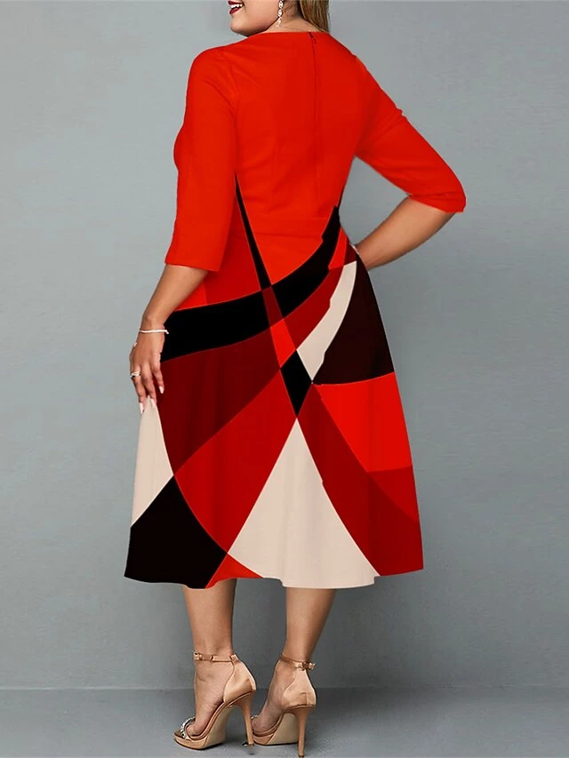 Women‘s Plus Size Curve Work Dress A Line Dress Stripe Midi Dress 3/4 Length Sleeve Print Crew Neck Elegant Office Red Fall Spring XL XXL 3XL 4XL 5XL 2 Women‘s Plus Size Curve Work Dress A Line Dress Stripe Midi Dress 3/4 Length Sleeve Print Crew Neck Elegant Office Red Fall Spring XL XXL 3XL 4XL 5XL - Image 2