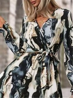 Women's Casual Dress Swing Dress Wrap Dress Ombre Marble Print Lace Up Print V Neck Long Dress Maxi Dress Fashion Streetwear Outdoor Street Long Sleeve Loose Fit Blue Summer Spring S M L XL -Casual Print Dress Sales hdqeyu1689246620941
