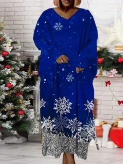 Women‘s Plus Size Christmas Dress Print V Neck Long Sleeve Winter Fall Modern Maxi Long Dress Daily Dress -Casual Print Dress Sales heagpk1668158946917