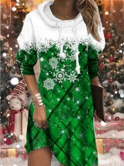 Women's Christmas Hoodie Dress Shift Dress Mini Dress Green Blue Wine Long Sleeve Plaid Snowflake Print Winter Fall Hooded Vacation Casual 2022 S M L XL XXL 3XL -Casual Print Dress Sales heajcl1668068039461