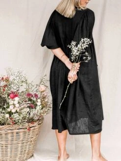 Women's Shirt Dress Casual Dress Midi Dress Outdoor Daily Date Cotton Basic Classic V Neck Ruched Long Sleeve Fall Winter 2023 Loose Fit Black Green Apricot Pure Color S M L XL -Casual Print Dress Sales hehjgw1695096316364