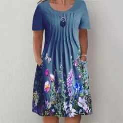 Women‘s Plus Size Curve Easter Dress Floral Crew Neck Vacation Dress Short Sleeve Fall Spring Dress Casual Knee Length Dress Casual Daily Dress