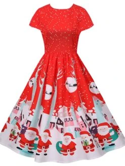 Women's Christmas Knee Length Dress Green Black Red Short Sleeve Print Print Fall Winter Round Neck Casual Vintage2021 S M L XL XXL