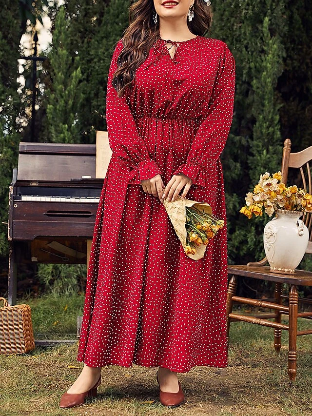 Women's Plus Size Party Dress Wedding Guest Dress Black Dress Long Dress Maxi Dress Black Pink Red Long Sleeve Polka Dot Lace Up Spring Fall Winter Crew Neck Fashion Winter Dress Evening Party 2 Women's Plus Size Party Dress Wedding Guest Dress Black Dress Long Dress Maxi Dress Black Pink Red Long Sleeve Polka Dot Lace Up Spring Fall Winter Crew Neck Fashion Winter Dress Evening Party - Image 2