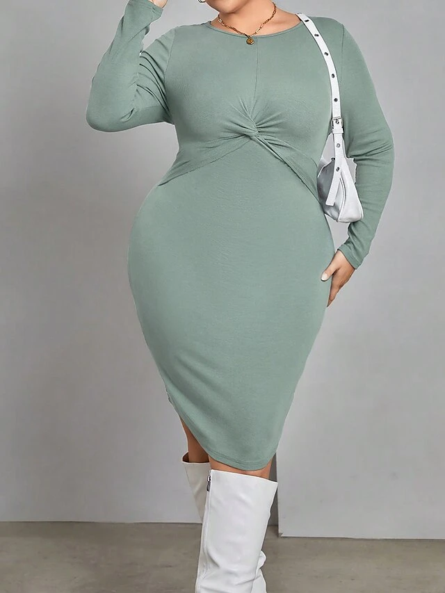 Women's Plus Size Curve Casual Dress Winter Dress Bodycon Solid Color Midi Dress Long Sleeve Ruched Crew Neck Fashion Outdoor Green Fall Winter XL XXL 3XL 5 Women's Plus Size Curve Casual Dress Winter Dress Bodycon Solid Color Midi Dress Long Sleeve Ruched Crew Neck Fashion Outdoor Green Fall Winter XL XXL 3XL - Image 5
