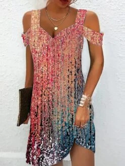 Women's Casual Dress Summer Dress Slip Dress Ombre Cold Shoulder Print Strap Mini Dress Active Fashion Outdoor Street Short Sleeve Regular Fit Yellow Pink Blue Summer Spring S M L XL XXL