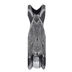 Women's Retro 1920s Fringe Dress Midi Dress Party Halloween Sequins Tassel Fringe Leaf Deep U Sleeveless Regular Fit Spring Fall 2023 Silver Black S M L XL -Casual Print Dress Sales hfmgqh1692858227536