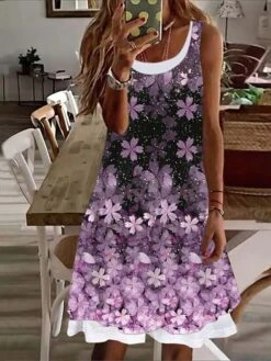 Women's Casual Dress Midi Dress Pink Purple Fuchsia Sleeveless Print Fake Two Piece Summer Spring Crew Neck Casual 2023 S M L XL XXL 3XL -Casual Print Dress Sales hfykzq1649931777842