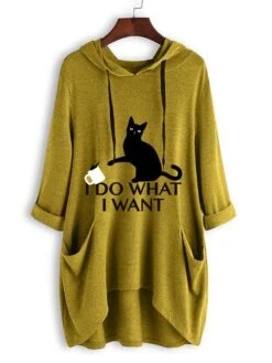 Women's Casual Dress Hoodie Dress Print Dress Cat Letter Pocket Print Hooded Mini Dress Active Fashion Outdoor Daily Long Sleeve Loose Fit Yellow Pink Blue Fall Winter S M L XL XXL -Casual Print Dress Sales hgarur1693209267135