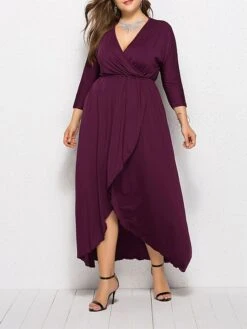 Women's Plus Size Work Dress Black Dress A Line Dress Fashion Long Dress Maxi Dress Ruched V Neck Long Sleeve Plain Loose Fit Black Wine Dark Green Fall XL XXL 3XL 4XL