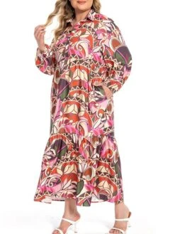 Women's Plus Size Curve Shirt Dress Work Dress Satin Dress Floral Long Dress Maxi Dress Long Sleeve Split Shirt Collar Fashion Office Red Fall Winter L XL XXL 3XL 4XL -Casual Print Dress Sales hgflre1694772962855