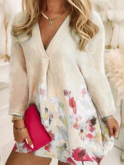 Women‘s Plus Size Curve Apple Shaped Dress Casual Dress Floral V Neck Print Long Sleeve Winter Fall Stylish Casual Mini Dress Daily Vacation Dress Weekend