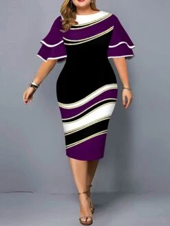 Women‘s Plus Size Curve Work Dress Bodycon Sheath Dress Color Block Midi Dress Half Sleeve Ruffle Crew Neck Fashion Outdoor Wine Red Fall Spring XL XXL 3XL 4XL 5XL -Casual Print Dress Sales hgmaan1673251735500