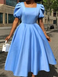 Women‘s Plus Size Curve Party Dress Solid Color Square Neck Short Sleeve Spring Fall Formal Prom Dress Midi Dress Party Going Out Dress