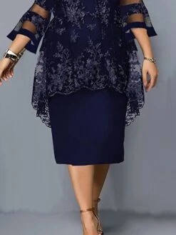 Women's Plus Size Curve Wedding Guest Dress Lace Party Dress Crew Neck Print 3/4 Length Sleeve Mother Dress Spring Fall Dress Elegant Formal Midi Dress Party Cocktail Dress -Casual Print Dress Sales hhpood1652667653021