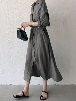 Women's Shirt Dress Casual Dress Maxi Long Dress Outdoor Daily Date Polyester Fashion Classic Shirt Collar Button Pocket Long Sleeve Fall Winter 2023 Loose Fit ArmyGreen Black Brown Pure Color S M L -Casual Print Dress Sales hicwhm1693535852633
