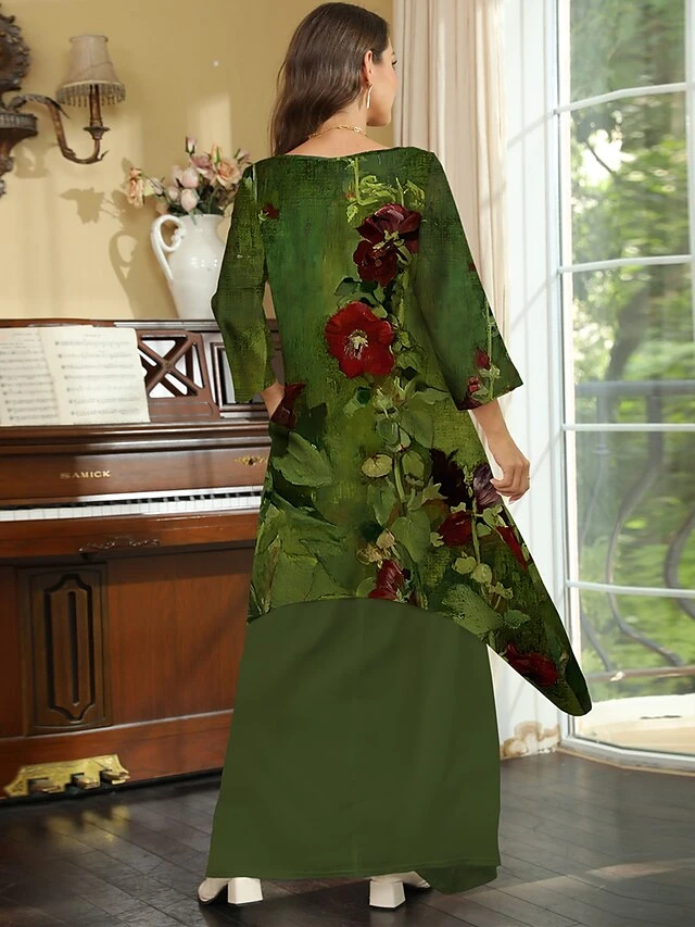 Women's Casual Dress Winter Dress Print Dress Floral Button Pocket Crew Neck Long Dress Maxi Dress Vintage Outdoor Daily 3/4 Length Sleeve Regular Fit Brown Green Fall Winter S M L XL 3XL 2 Women's Casual Dress Winter Dress Print Dress Floral Button Pocket Crew Neck Long Dress Maxi Dress Vintage Outdoor Daily 3/4 Length Sleeve Regular Fit Brown Green Fall Winter S M L XL 3XL - Image 2
