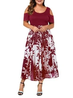 Women‘s Plus Size Curve Casual Dress Skater Dress A Line Dress Floral Long Dress Maxi Dress Short Sleeve Hollow Out Print Crew Neck Fashion Outdoor Black Wine Summer Spring L XL XXL 3XL 4XL -Casual Print Dress Sales hkhkjx1678257281366