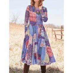 Women's Casual Dress Swing Dress A Line Dress Geometric Color Block Pocket Print Crew Neck Midi Dress Fashion Streetwear Outdoor Daily Long Sleeve Regular Fit Yellow Blue Purple Spring Fall S M L XL -Casual Print Dress Sales hkooyl1692353301501