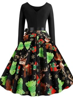 Women's Christmas Swing Dress Knee Length Dress Black Long SleeveTree Bow Print Fall Winter Round Neck VintageParty 2021 S M L XL XXL 8 Women's Christmas Swing Dress Knee Length Dress Black Long SleeveTree Bow Print Fall Winter Round Neck VintageParty 2021 S M L XL XXL -Casual Print Dress Sales hlbhsl1632725398609