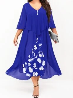 Women's Plus Size Curve Work Dress Floral V Neck Ruched 3/4 Length Sleeve Spring Summer Work Elegant Midi DressLayered Formal Vacation Dress -Casual Print Dress Sales hlkunp1677034909837