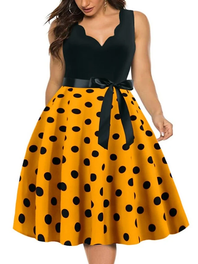 Women's Plus Size Curve Party Dress Polka Dot V Neck Bow Sleeveless Fall Spring Vintage 1950s Elegant Knee Length Dress Formal Party Dress 11 Women's Plus Size Curve Party Dress Polka Dot V Neck Bow Sleeveless Fall Spring Vintage 1950s Elegant Knee Length Dress Formal Party Dress - Image 11