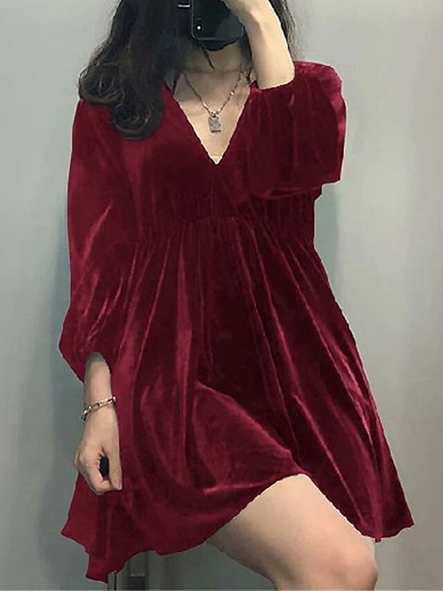 Women's Plus Size Curve Casual Dress Velvet Dress Winter Dress Solid Color Mini Dress Long Sleeve Ruched V Neck Fashion Outdoor Black Red Fall Winter L XL XXL 3XL 4XL 2 Women's Plus Size Curve Casual Dress Velvet Dress Winter Dress Solid Color Mini Dress Long Sleeve Ruched V Neck Fashion Outdoor Black Red Fall Winter L XL XXL 3XL 4XL - Image 2
