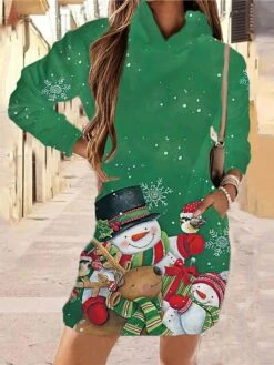 Women‘s Christmas Hoodie Dress Winter DressShort Mini Dress Green Black Long Sleeve Snowman Hat Pocket Print Fall Winter Hooded Vacation Casual 2022 S M L XL XXL 3XL -Casual Print Dress Sales hlyakx1663666237268