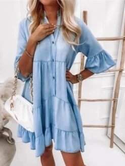 Women's Denim Dress Casual Dress Denim Shirt Dress Midi Dress Denim Casual Outdoor Daily Vacation V Neck Button Half Sleeve Summer Spring Fall 2023 Loose Fit Light Blue Pure Color S M L XL XXL -Casual Print Dress Sales hmeozg1649668962727