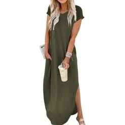 Women‘s Shift Dress Maxi Long Dress Wine Red ArmyGreen White Black Blue Gray Short Sleeve Pure Color Split Pocket Spring Summer V Neck Basic Essential Casual 2023 S M L XL XXL XXXL 4XL 5XL