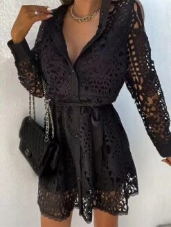 Women's Casual Dress Lace Dress Winter Dress Mini Dress Lace Up Lace Street Daily Holiday Fashion Streetwear V Neck Long Sleeve 2023 Regular Fit Black White Khaki Color S M L XL XXL Size -Casual Print Dress Sales hmnuyh1692783764776