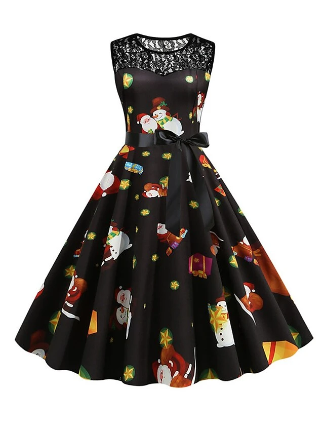 Women‘s Christmas Retro 1950s Vintage Dress Midi Dress Party Patchwork Bow Santa Claus Crew Neck Sleeveless Regular Fit Fall Winter 2023 Black White S M L XL 2 Women‘s Christmas Retro 1950s Vintage Dress Midi Dress Party Patchwork Bow Santa Claus Crew Neck Sleeveless Regular Fit Fall Winter 2023 Black White S M L XL - Image 2