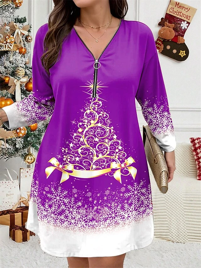 Women's Plus Size Curve Christmas Dress Casual Dress Winter Dress Christmas Tree Snowflake Mini Dress Long Sleeve Print V Neck Fashion Outdoor Black Wine Fall Winter L XL 2XL 3XL 4XL 2 Women's Plus Size Curve Christmas Dress Casual Dress Winter Dress Christmas Tree Snowflake Mini Dress Long Sleeve Print V Neck Fashion Outdoor Black Wine Fall Winter L XL 2XL 3XL 4XL - Image 2