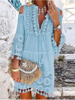 Women's Shift Dress Boho Dress Mini Dress White Yellow Pink 3/4 Length Sleeve Pure Color Tassel Fringe Summer Spring V Neck Vacation Loose Fit 2023 S M L XL XXL 3XL 4XL 5XL -Casual Print Dress Sales hmxbfh1657266460121