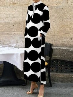 Women's Casual Dress Winter Dress Print Dress Polka Dot Stripe Button Pocket Stand Collar Long Dress Maxi Dress Fashion Classic Outdoor Daily Long Sleeve Loose Fit Black Yellow Green Fall Winter S M -Casual Print Dress Sales hnfets1695281472897