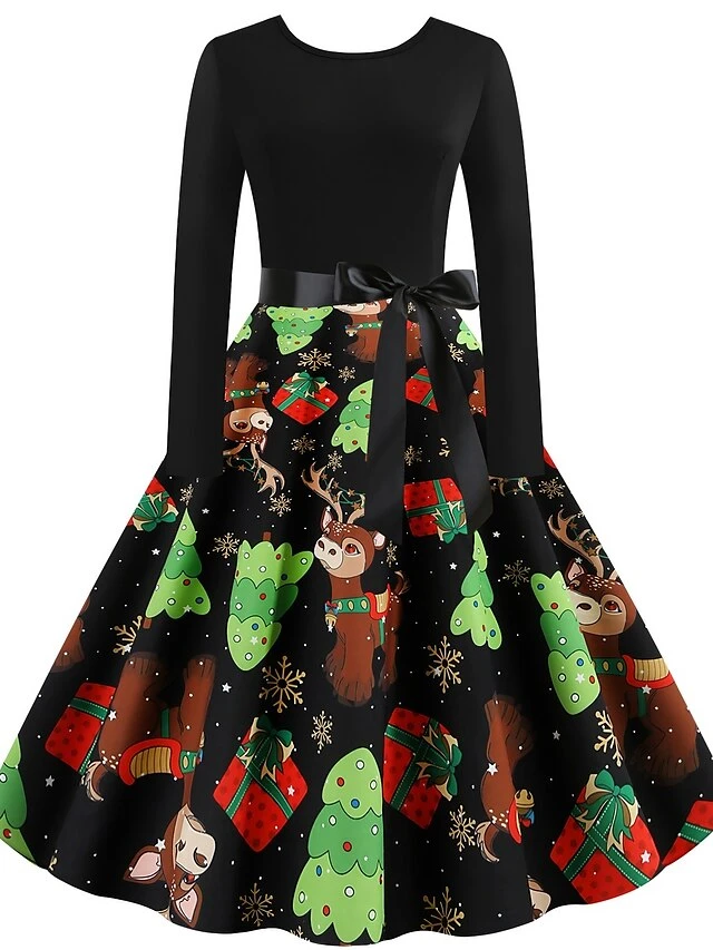 Women's Christmas Swing Dress Knee Length Dress Black Long SleeveTree Bow Print Fall Winter Round Neck VintageParty 2021 S M L XL XXL 1 Women's Christmas Swing Dress Knee Length Dress Black Long SleeveTree Bow Print Fall Winter Round Neck VintageParty 2021 S M L XL XXL
