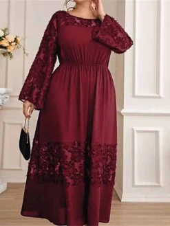 Women's Plus Size Prom Dress Party Dress Wedding Guest Dress Long Dress Maxi Dress Wine Long Sleeve Pure Color Ruched Fall Winter Autumn Crew Neck Fashion Winter Dress Wedding Guest Evening Party -Casual Print Dress Sales hnzuvs1693207120473