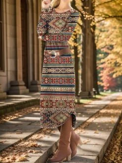 Women's Casual Dress Winter Dress Ethnic Dress Geometric Color Block With Belt Print Crew Neck Midi Dress Vintage Ethnic Outdoor Daily Long Sleeve Loose Fit Black Red Brown Fall Winter S M L XL XXL -Casual Print Dress Sales hohmcz1697023065629