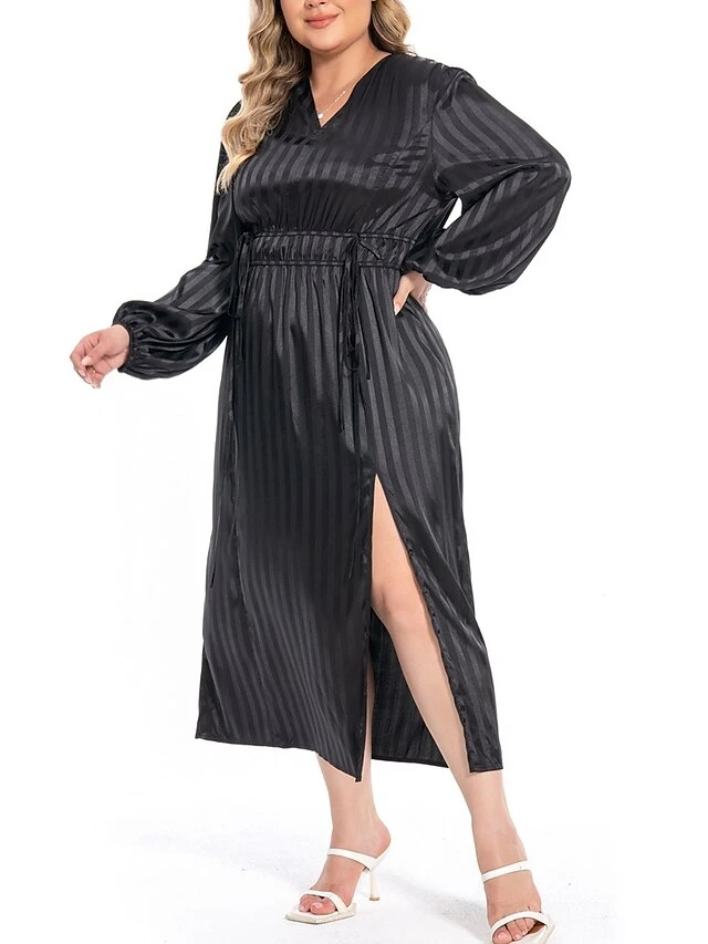 Women's Plus Size Curve Work Dress Satin Dress Black Dress Plain Midi Dress Long Sleeve Split V Neck Fashion Office Black Fall Winter L XL XXL 3XL 4XL 3 Women's Plus Size Curve Work Dress Satin Dress Black Dress Plain Midi Dress Long Sleeve Split V Neck Fashion Office Black Fall Winter L XL XXL 3XL 4XL - Image 3
