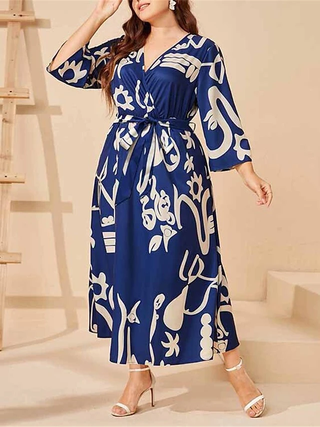 Women's Plus Size Work Dress Swing Dress Semi Formal Dress Fashion Long Dress Maxi Dress Lace Up Print V Neck 3/4 Length Sleeve Color Block Graffiti Regular Fit Navy Blue Fall Winter XL XXL 3XL 4XL 3 Women's Plus Size Work Dress Swing Dress Semi Formal Dress Fashion Long Dress Maxi Dress Lace Up Print V Neck 3/4 Length Sleeve Color Block Graffiti Regular Fit Navy Blue Fall Winter XL XXL 3XL 4XL - Image 3