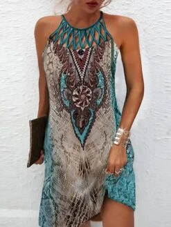 Women's Casual Dress Ethnic Dress Shift Dress Tribal Backless Print Halter Mini Dress Fashion Ethnic Outdoor Daily Sleeveless Regular Fit Dusty Blue Summer Spring S M L XL XXL