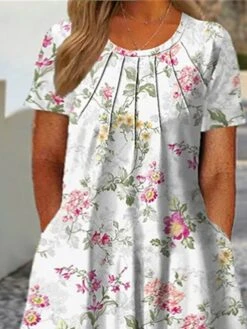 Women‘s Plus Size Curve Casual Dress A Line Dress Floral Midi Dress Short Sleeve Ruched Pocket Crew Neck Fashion Daily White Green Summer Spring L XL XXL 3XL -Casual Print Dress Sales hpklqa1681379115453