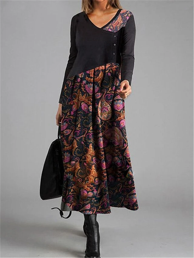 Women's Casual Dress Paisley Dress A Line Dress Floral Paisley Patchwork Print V Neck Long Dress Maxi Dress Vintage Streetwear Outdoor Street Long Sleeve Loose Fit Black Spring Fall S M L XL XXL 1 Women's Casual Dress Paisley Dress A Line Dress Floral Paisley Patchwork Print V Neck Long Dress Maxi Dress Vintage Streetwear Outdoor Street Long Sleeve Loose Fit Black Spring Fall S M L XL XXL