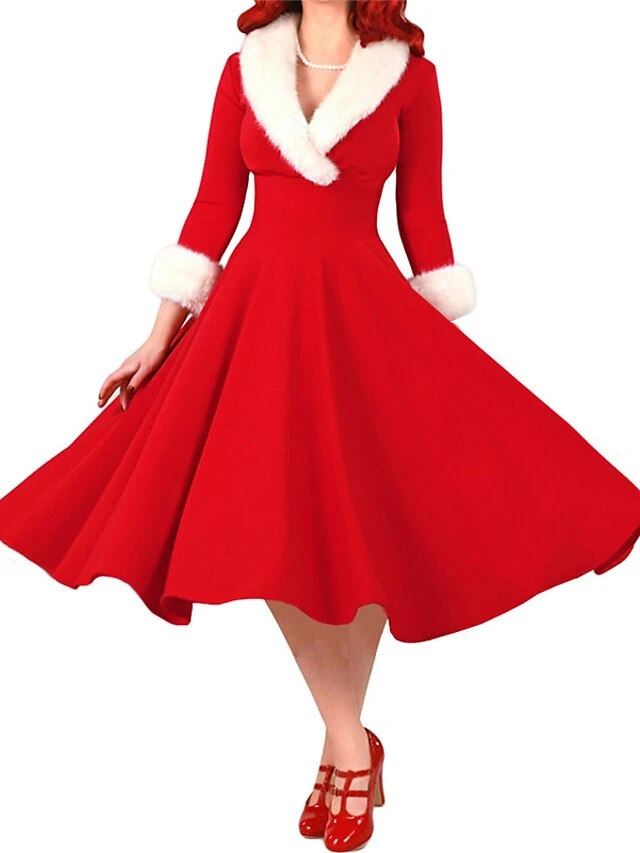 Women's Christmas Swing Dress Vintage Dress Midi Dress Red White Long Sleeve Pure Color Patchwork Winter Fall V Neck Vintage Stylish Elegant Fall Dress 2022 S M L XL XXL / Winter Dress 4 Women's Christmas Swing Dress Vintage Dress Midi Dress Red White Long Sleeve Pure Color Patchwork Winter Fall V Neck Vintage Stylish Elegant Fall Dress 2022 S M L XL XXL / Winter Dress - Image 4